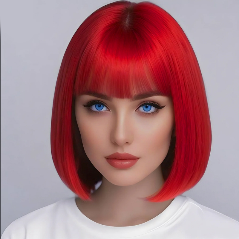 Human Hair Wigs - Peruca vermelha de 12 polegadas com