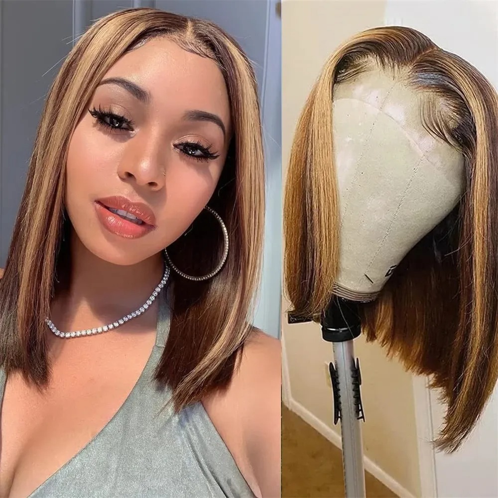 Pre Parted 13X4 Lace Front Bob Wig - Peruca loira com mechas, peruca curta