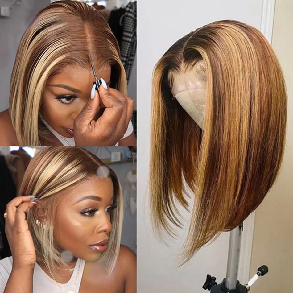Peruca loira com mechas, peruc - Pre Parted 13X4 Lace Front Bob Wig avaliação e preço