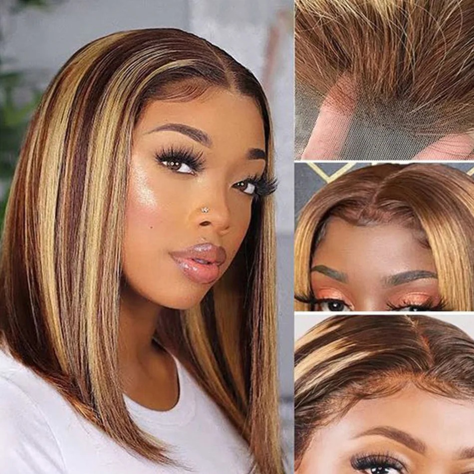 Peruca loira com mechas, peruc - Pre Parted 13X4 Lace Front Bob Wig avaliação e preço